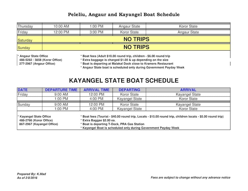 Horaires des bateaux Angaur Peleliu Kayangel Koror