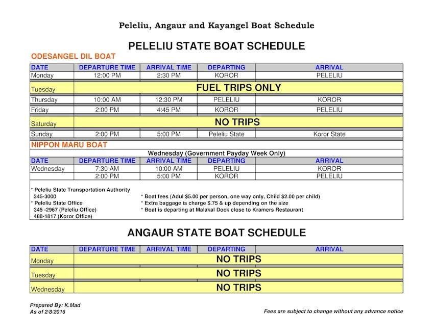 Horaires des bateaux Angaur Peleliu Kayangel Koror